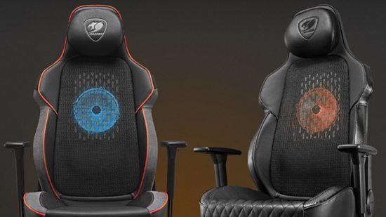 An image of two NxSys Aero gaming chairs, by Cougar, sat next to each other.