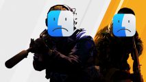 The key-art of Counter Strike 2 but with the macOS logo looking sad on the two characters faces.