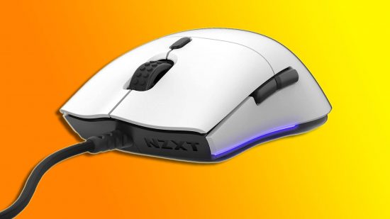 CS2 best mouse: a white NZXT Lift mouse appears against an orange and yellow background.