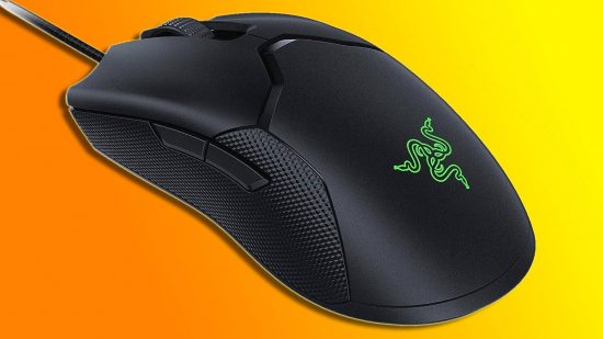 CS2 best mouse: a black Razer Viper 8kHz mouse appears against an orange and yellow background.