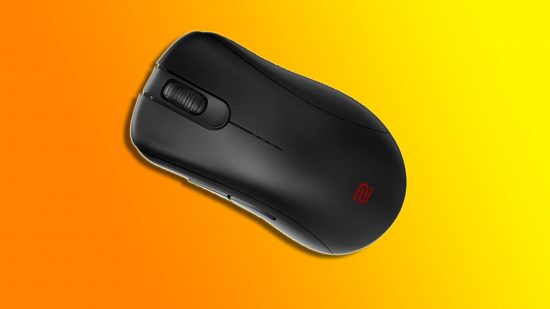 CS2 best mouse: a black Zowie EC2-CW mouse appears against an orange and yellow background.