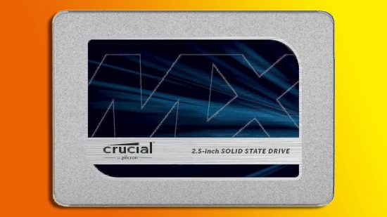 Crucial MX500 SSD Amazon Prime Day: a silver-rimmed Crucial SSD appears against an orange and yellow background.