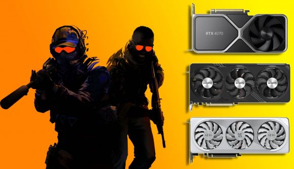 CS2 Nvidia AMD GPU graphics card: shadowy CS2 figures appear next to three graphics cards hovering above an orange and yellow background.
