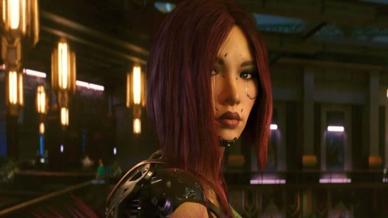 Cyberpunk 2077 CD projekt union: a woman with pink hair and a cybernetic back filled with metal in a dress