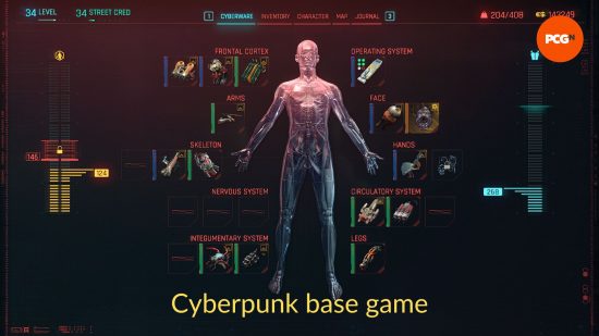 Cyberpunk 2077 Cyberware mod: an image of the Cyberpunk cyberware UI from the base game