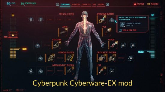Cyberpunk 2077 Cyberware-mod: afbeelding van de Cyberpunk cyberware EX UI