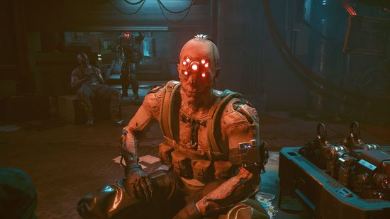 Cyberpunk 2077 cyberware mod: a man sat down, with red robot eyes