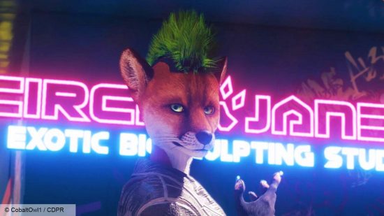 Cyberpunk 2077 furry mod: an anthropomorphic fox in a leather jacket and with green hair