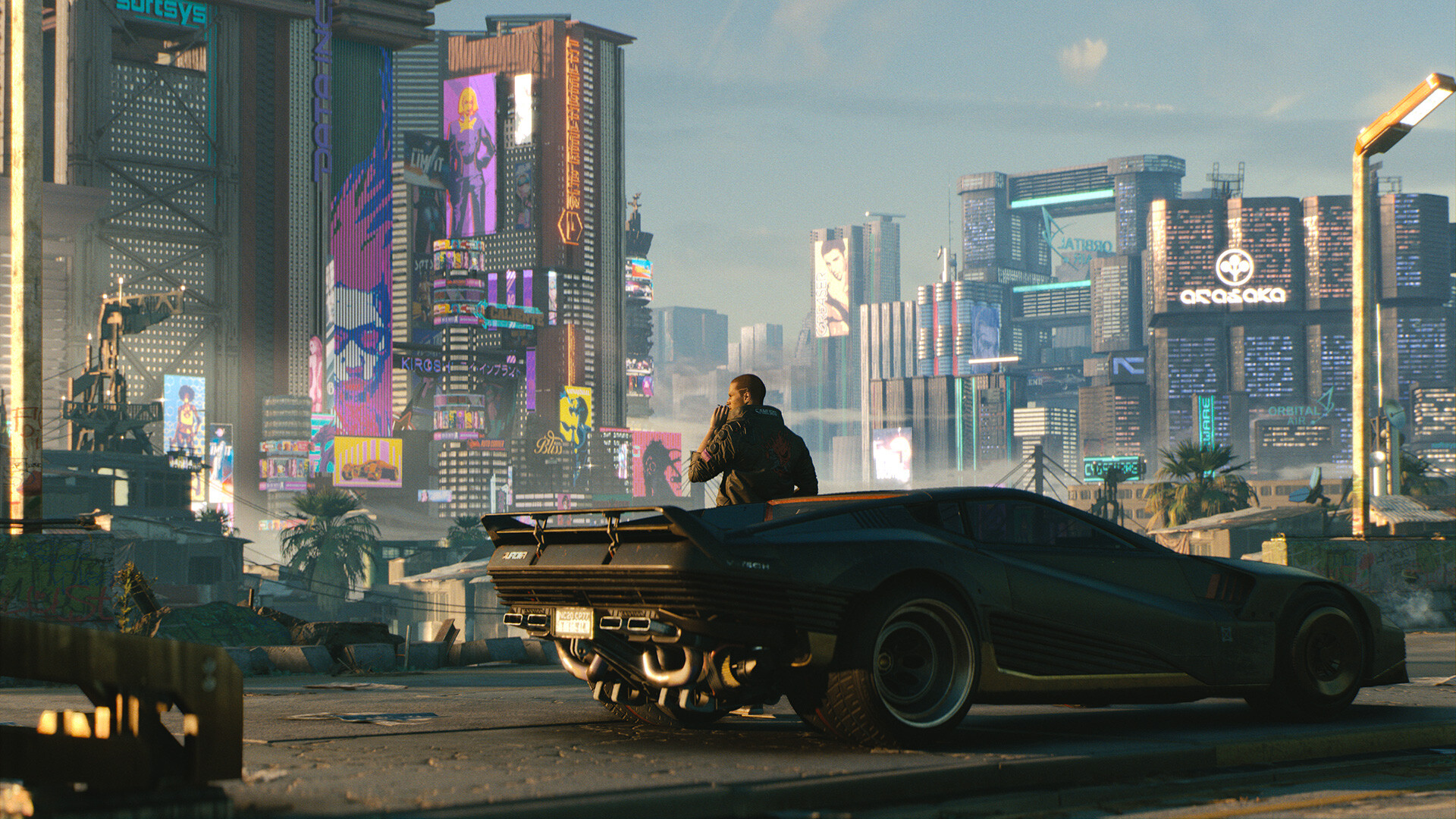 Cyberpunk 2077 Starfield comparison: V from CP2077 leans against a car in Night City