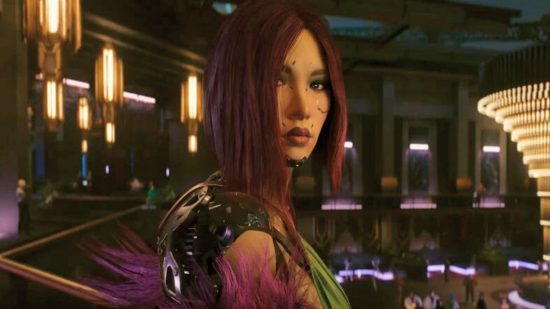 Cyberpunk 2077 The Witcher polaris: a women with pink dyed hair and a robot back in a green dress