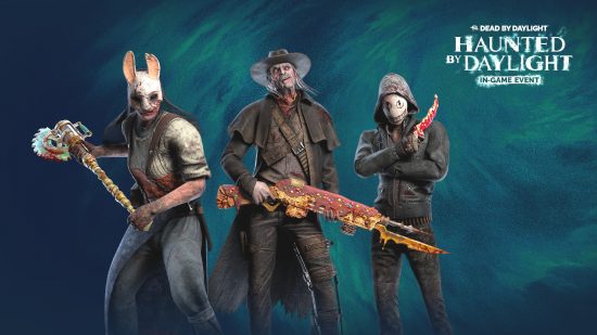 The Huntress, The Deathslinger, and The Legion show off their candy weapons, some of the DBD Haunted by Daylight rewards.