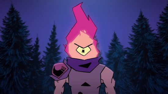 Dead Cells Steam sale: a cartoon man with an eyeball where their head should be, encased in purple flames