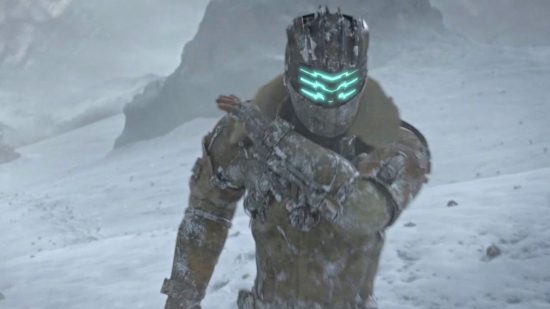 Dead Space 3 Chuck Beaver: a man in a futuristic warm suit in a the freezing cold