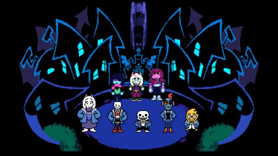 Several of Deltarune's characters standing in front of a castle.