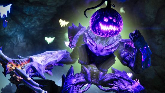 A Headless One scooting across the screen. This purple monstrous jack-o-lantern is part of the Destiny 2 Festival of the Lost event.