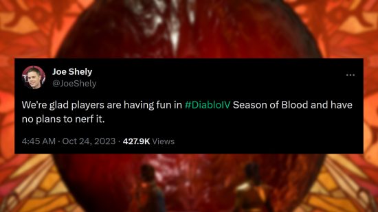 Diablo 4 game director Joe Shely - "We're glad players are having fun in #DiabloIV Season of Blood and have no plans to nerf it."