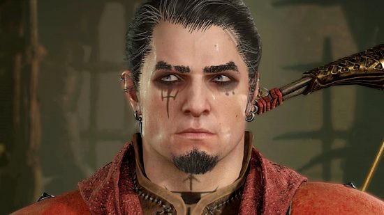 Diablo 4 patch notes 1.2.1 - A pale-faced man with salt and pepper hair, a black goatee, and dark eyeshadow.