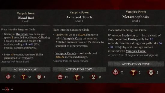 Poderes vampíricos de la temporada 2 de Diablo 4: una captura de pantalla que muestra tres de los poderes disponibles para los jugadores en Season of Blood.