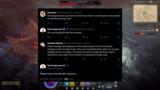 Diablo 4 world bosses - General manager Rod Fergusson replies to Twitter queries about a world boss timer and changes to spawn frequency, saying players should look forward to their upcoming developer update stream.