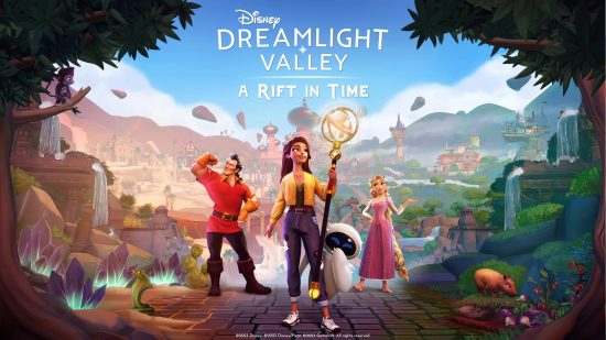 Disney Dreamlight Valley: Ein Riss in der Zeit – Ein Poster für den neuen Erweiterungspass mit Gaston, Rapunzel und EVE.