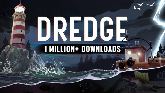 A white and red lighthouse standing on a craggy cliff with dark water below and a small tug boat, with 'Dredge 1 million + downloads' written across the sky in white
