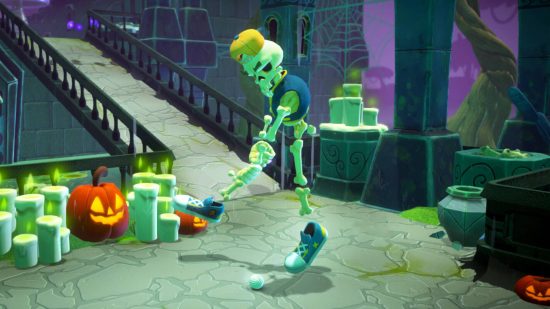 Ex GTA developer's new game is like Halloween mixed with golf: A cartoon skeleton puts a ball in golf using his own leg in a dungeon area