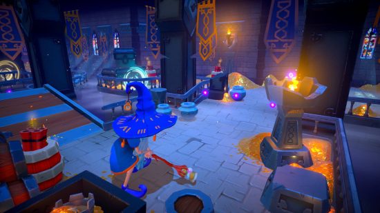 A cartoon character in a huge blue witch hat and robes playing golf in a dungeon-style area