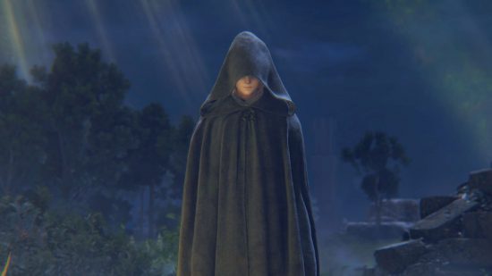Elden Ring FromSoftware next game: a cloaked women with a hood up stood outside at night, you can see her nose and chin peaking through the hood