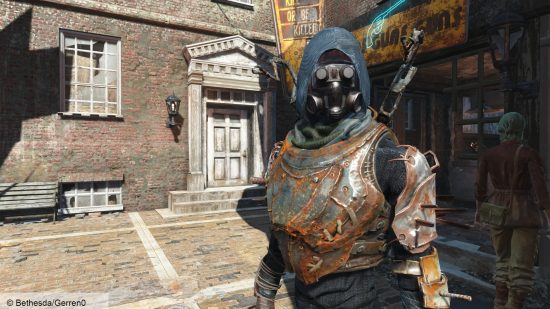 Fallout 4 Mod Mini DLC: Ein Spieler in Scav-Rüstung steht vor einer Tür