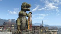 Fallout 4 New Vegas map: a skyline with a giant dinosaur sign in front of it