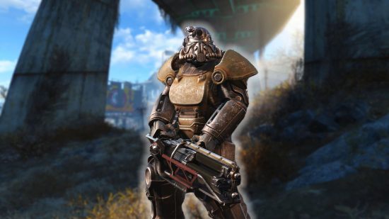 Fallout 4 Power Armor mod: a blurred wasteland background with some Fallout 4 power armor in the foreground