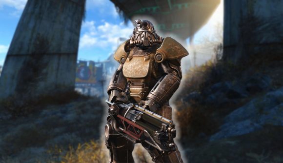 Fallout 4 Power Armor mod: a blurred wasteland background with some Fallout 4 power armor in the foreground