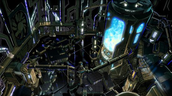 FFXIV Dawntrail dungeons - An intricate network of engineered tunnels, platforms, and glowing chambers.