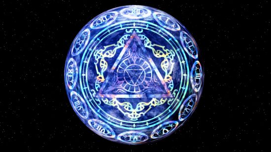 Incursión FFXIV Shadowbringers Eden: un planeta cubierto de formas y símbolos geométricos.