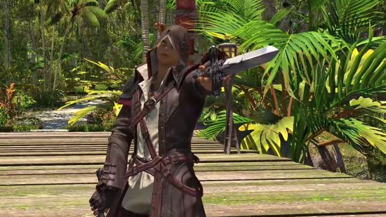 Final Fantasy XIV Dawntrail job Viper: a hooded figure holding up a sword in anticipation, with a tropical island in the background