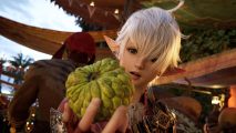 FFXIV Echoes of Vana'diel: an image of a person with elf ears and white hair looking at some kind of green fruit