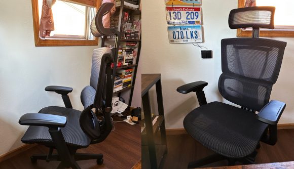 Two views of the FlexiSpot C7 office chair after assembly