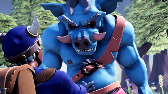 For The King 2 release date Steam - A blue-skinned troll bears down on an adventurer with a Viking-style horned helmet.