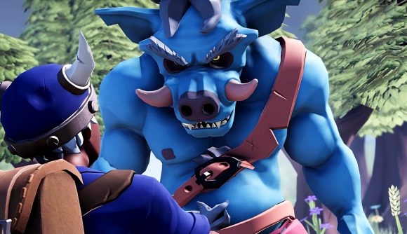 For The King 2 release date Steam - A blue-skinned troll bears down on an adventurer with a Viking-style horned helmet.