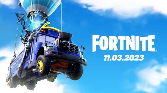 The Fortnite battle bus suspended in a blue cloudy sky next to a logo and a date saying November 3 2023