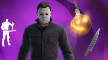 Fortnite adds iconic Halloween killer as part of Fortnitemares event: Halloween's Michael Myres standing against a purple background next to a glowing orange potion and a knife