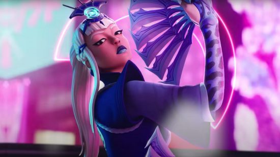 The best Fortnite skin - Mizuki with a fan on a purple and pink background