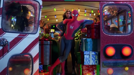 The best Fortnite skin - Spider-Man standing in an open bus leaning on presents