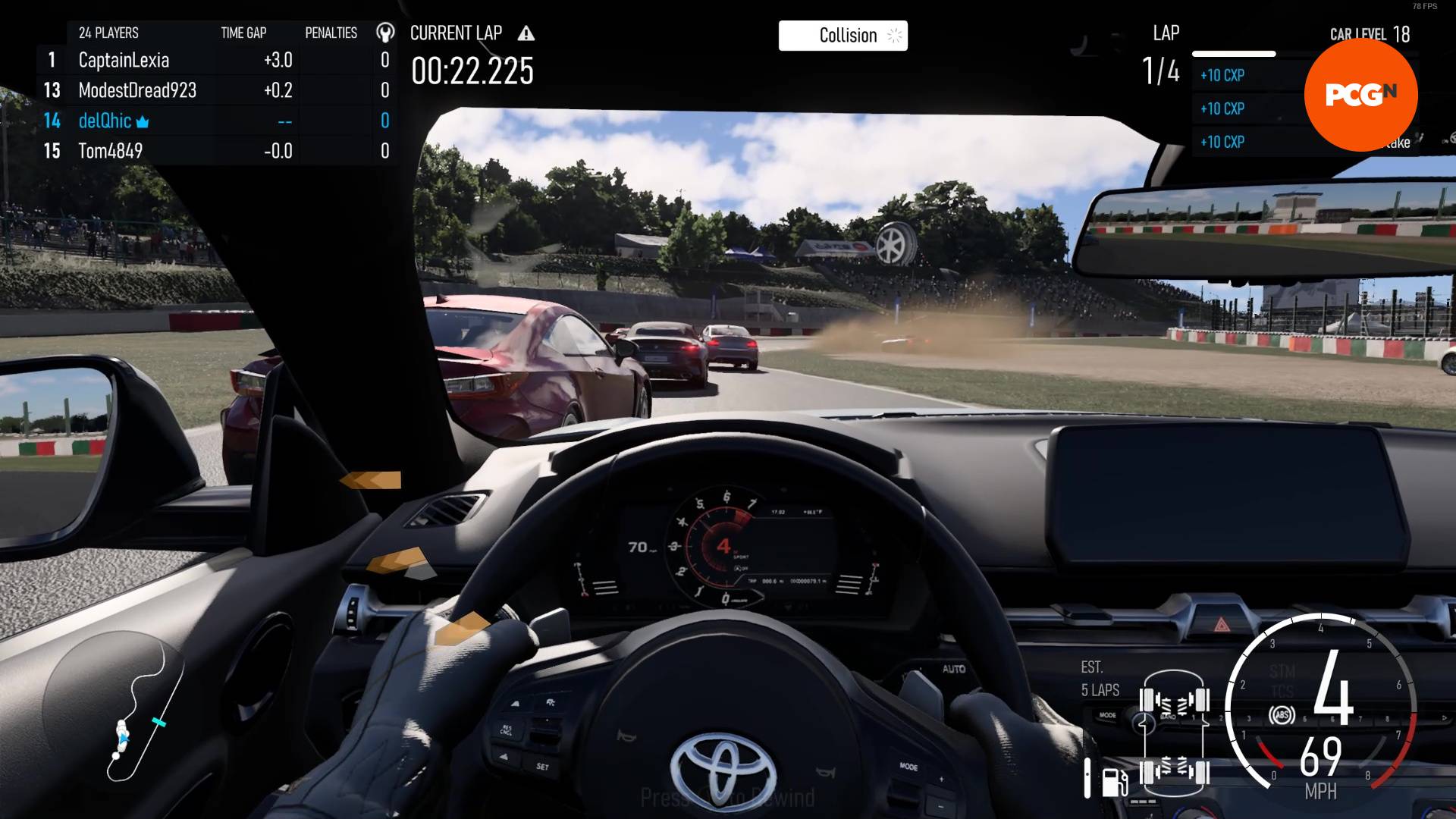 Forza Horizon review: Driving behind the wheel against the AI, where the AI has gone off-track into the sand trap round Suzuka in Japan.