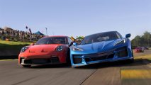 Forza Motorsport review: two racing cars - one blue, one red - attempt to overtake one another.
