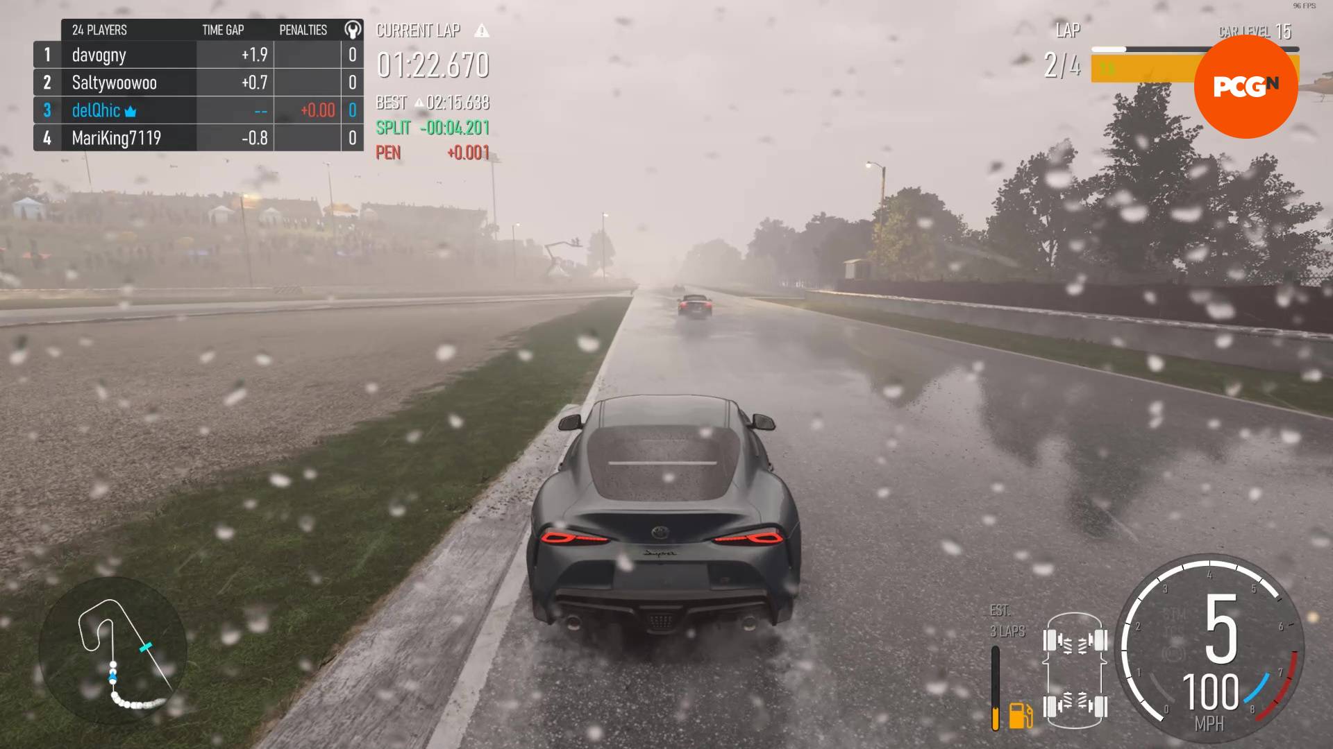 Forza Motorsport review: Driving behind the car with the rain coming down.