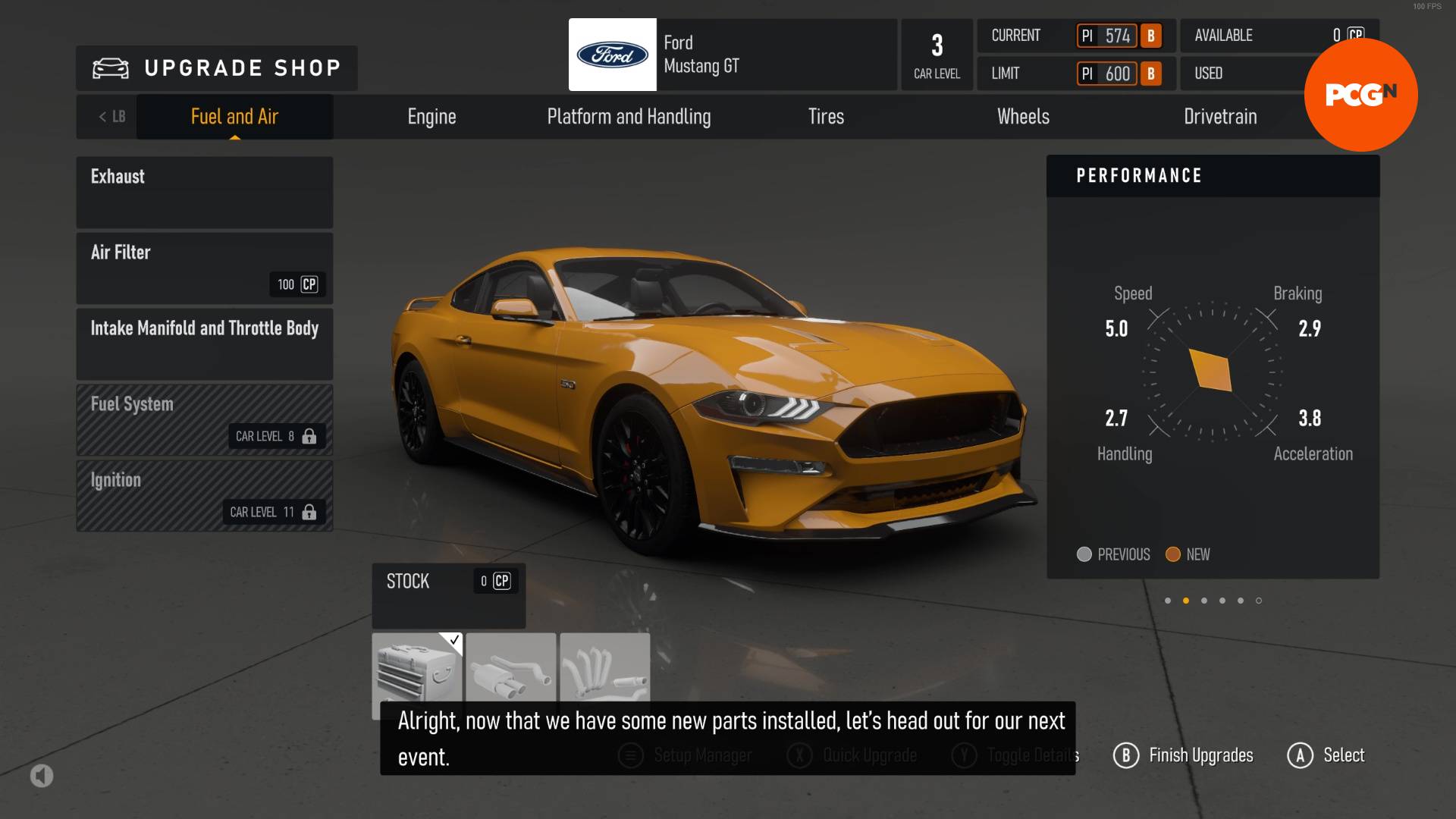 Forza Motorsport review: The upgrade shop showing a yellow Ford Mustang and the available upgrades.