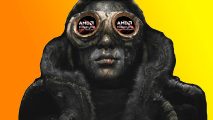 Frostpunk 2 AMD FSR 3: a woman with goggles showing the words 'AMD FidelityFX Super Resolution' in each eye appears above an orange and yellow background.