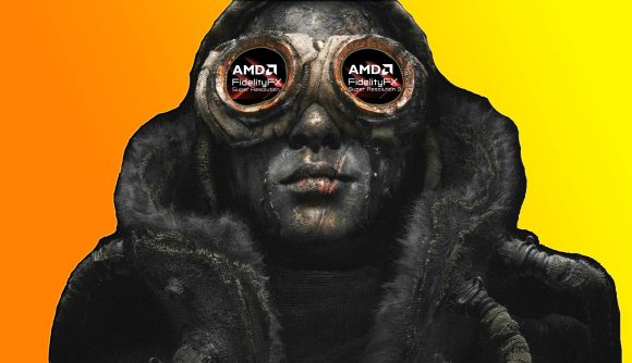 Frostpunk 2 AMD FSR 3: a woman with goggles showing the words 'AMD FidelityFX Super Resolution' in each eye appears above an orange and yellow background.