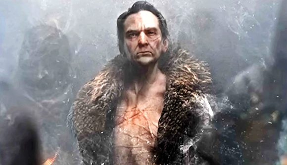Frostpunk 2 release date: A grizzled man stands in a swirl of ice and snow, his fur jacket open to reveal a network of scars across his chest.